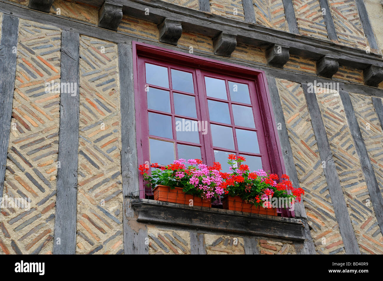 `Closeup of old historic medieval timber framed house and window with